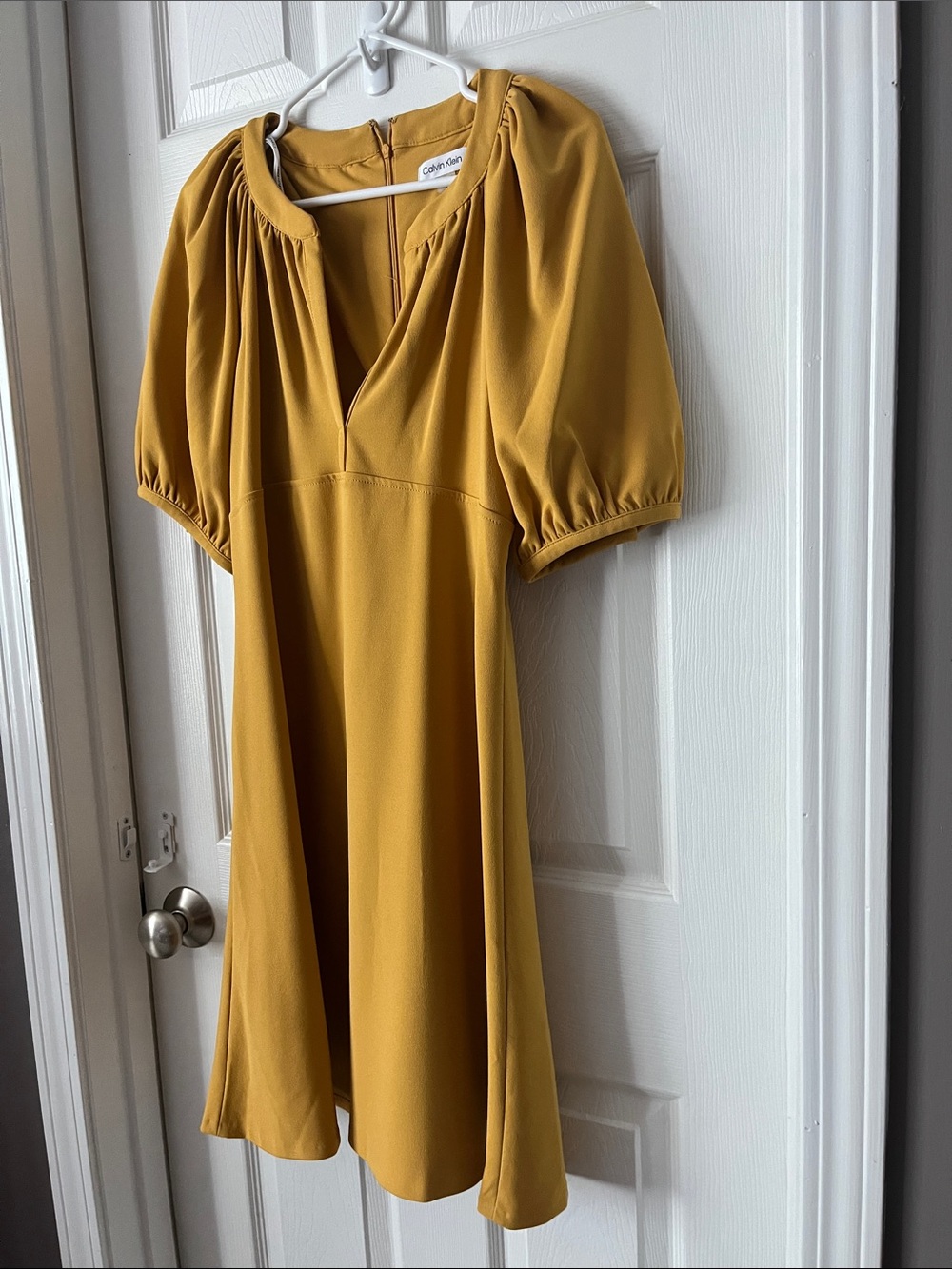 Mustard Puff-Sleeve A-Line Dress